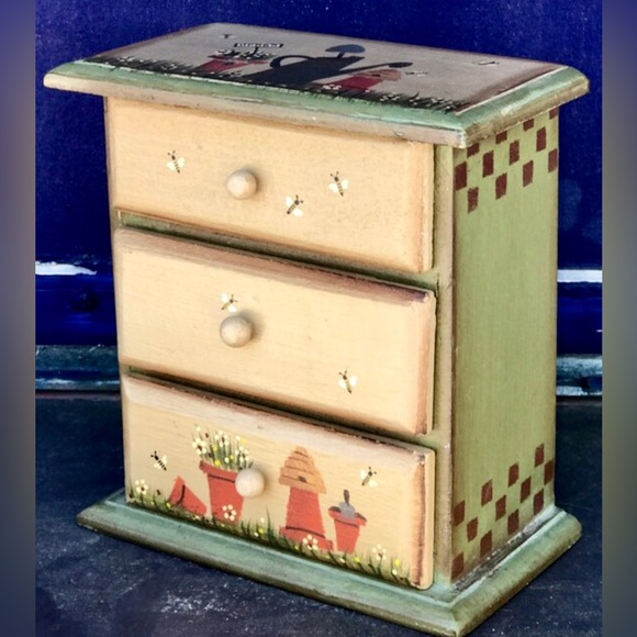 Vintage Wooden Hand Painted 3 Drawer Tiers Honeybee Hive HERB STORAGE Spice Box - Picture 7 of 10